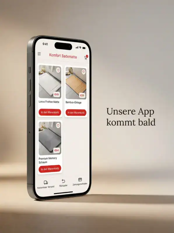 Die Komfort Badematte App auf einem Smartphone, bald im App Store und bei Google Play verfügbar