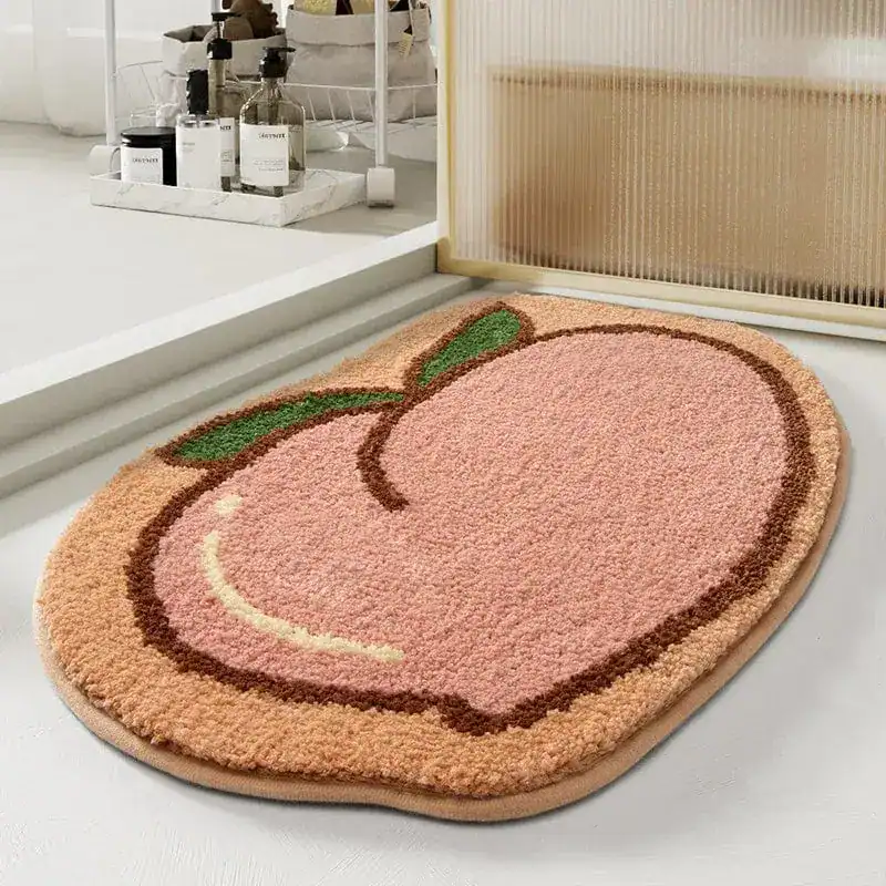 Ausgefallener Badteppich mit Pfirsich-Motiv, weicher Hochflor-Teppich für Badezimmer.