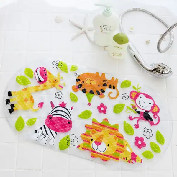 Baby Badematte mit Tiermotiven für die Badewanne, transparent und rutschfest.