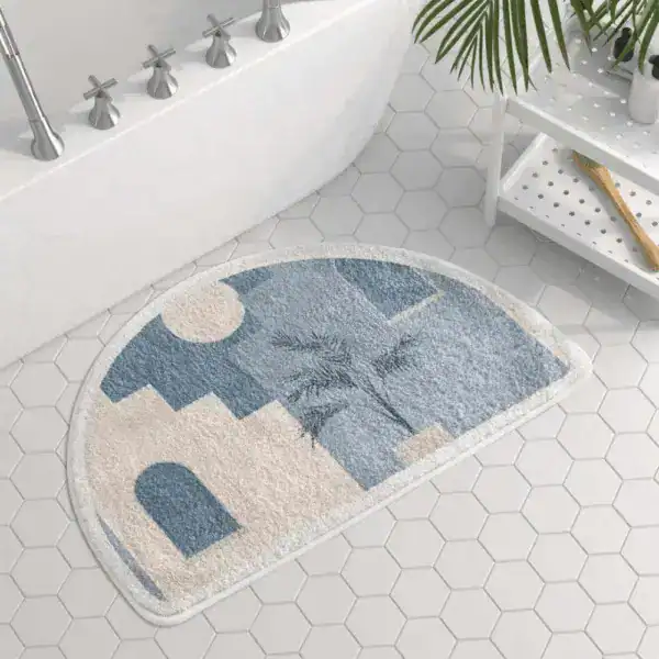 Badematte Blau Weiß mit Palmenmotiv, halbrund, für Badezimmer.