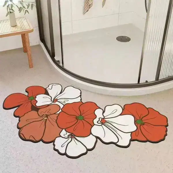 Badematte Blumenform mit orangefarbenen und weißen Blüten, ideal für Badezimmer Dekoration.