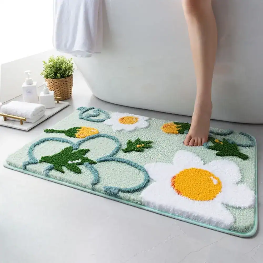 Badematte mit Blumenmuster, detailliert gestrickt, für Badezimmer.