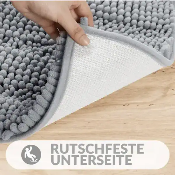 Dunkelblaue Badematte mit antirutschender Unterseite und weicher Chenille-Struktur.