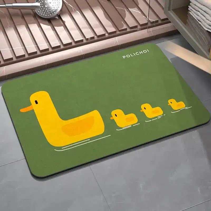 Badematte Ente grün mit gelben Entenmotiv für Badezimmer.