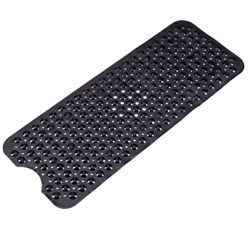 Schwarze Badematte für Badewanne mit perforierter Oberfläche und rutschfestem Design.