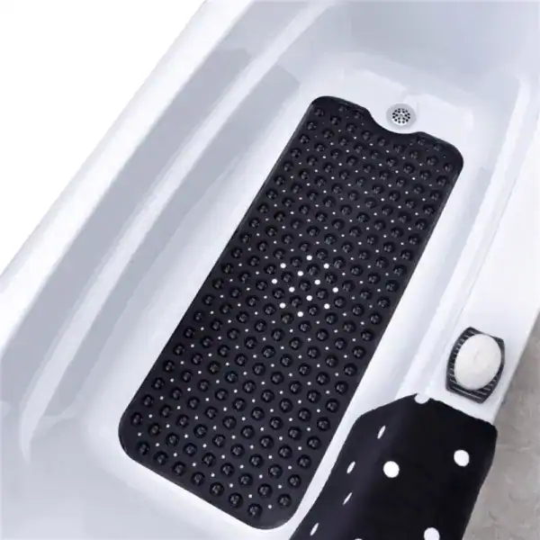 Schwarze Badematte für Badewanne mit rutschfesten Punkten und Drainage.