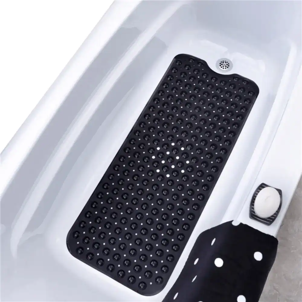 Schwarze Badematte für Badewanne mit rutschfesten Punkten und Drainage.