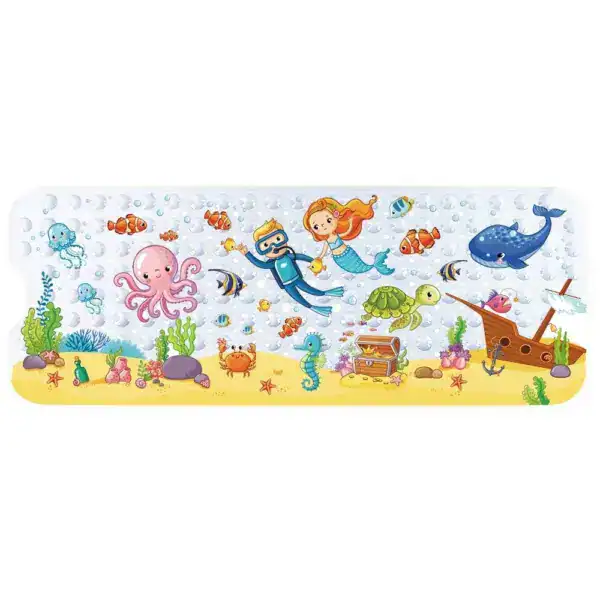 Babys Badematte für Wanne mit Meeresthema, Meerjungfrau, Delfin und Fischen.