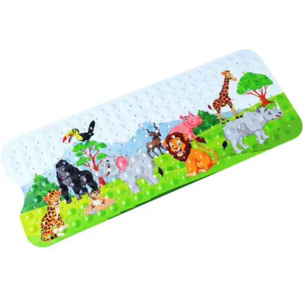Babys Badematte für Wanne mit buntem Safari-Tiermotiv und rutschfestem Untergrund.