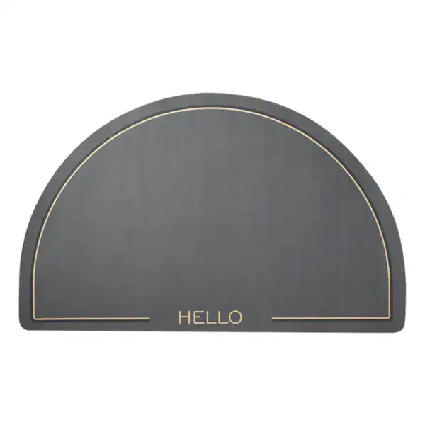 Halbrunde Badematte Grau mit goldenem 'HELLO'-Aufdruck und dekorativem Rand.