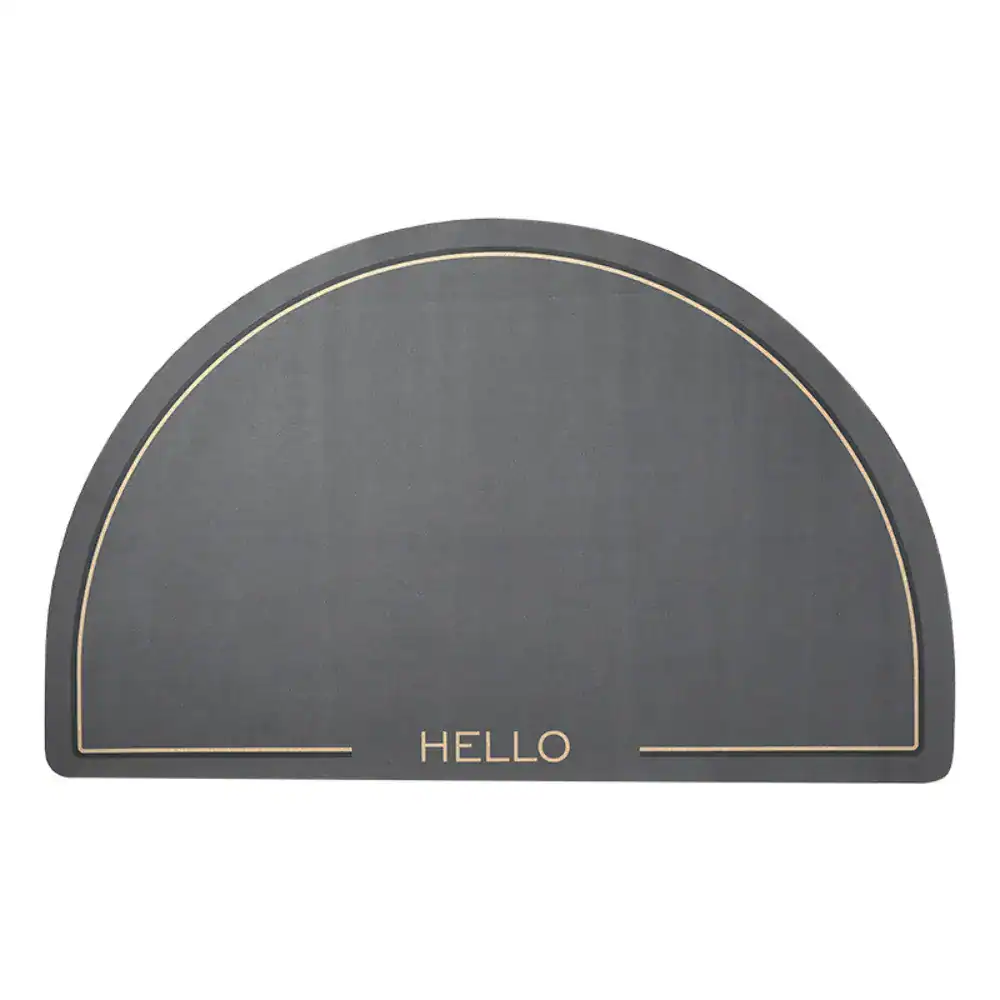 Halbrunde Badematte Grau mit goldenem 'HELLO'-Aufdruck und dekorativem Rand.