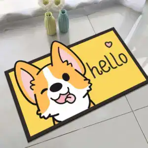 Badematte mit Cartoon-Hund, Hello-Text, gelb, Badezimmer- oder Eingangsbereich.