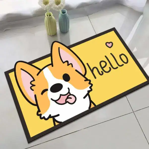 Badematte mit Cartoon-Hund, Hello-Text, gelb, Badezimmer- oder Eingangsbereich.