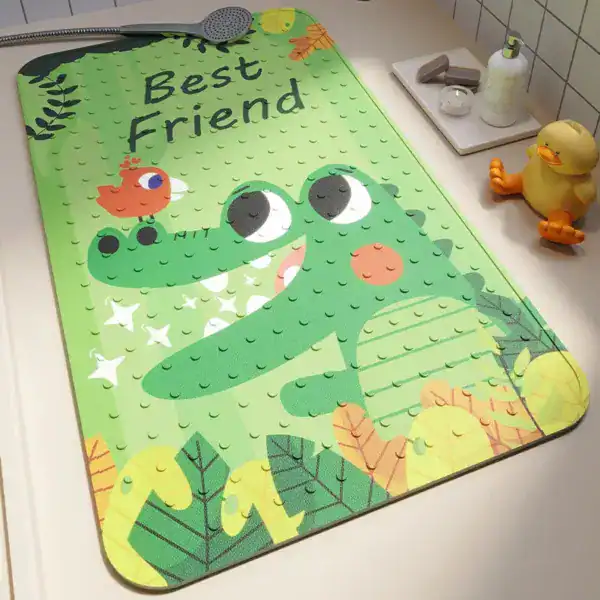 Kinder-Badematte mit Krokodil-Motiv und Text 'Best Friend' fürs Badezimmer.