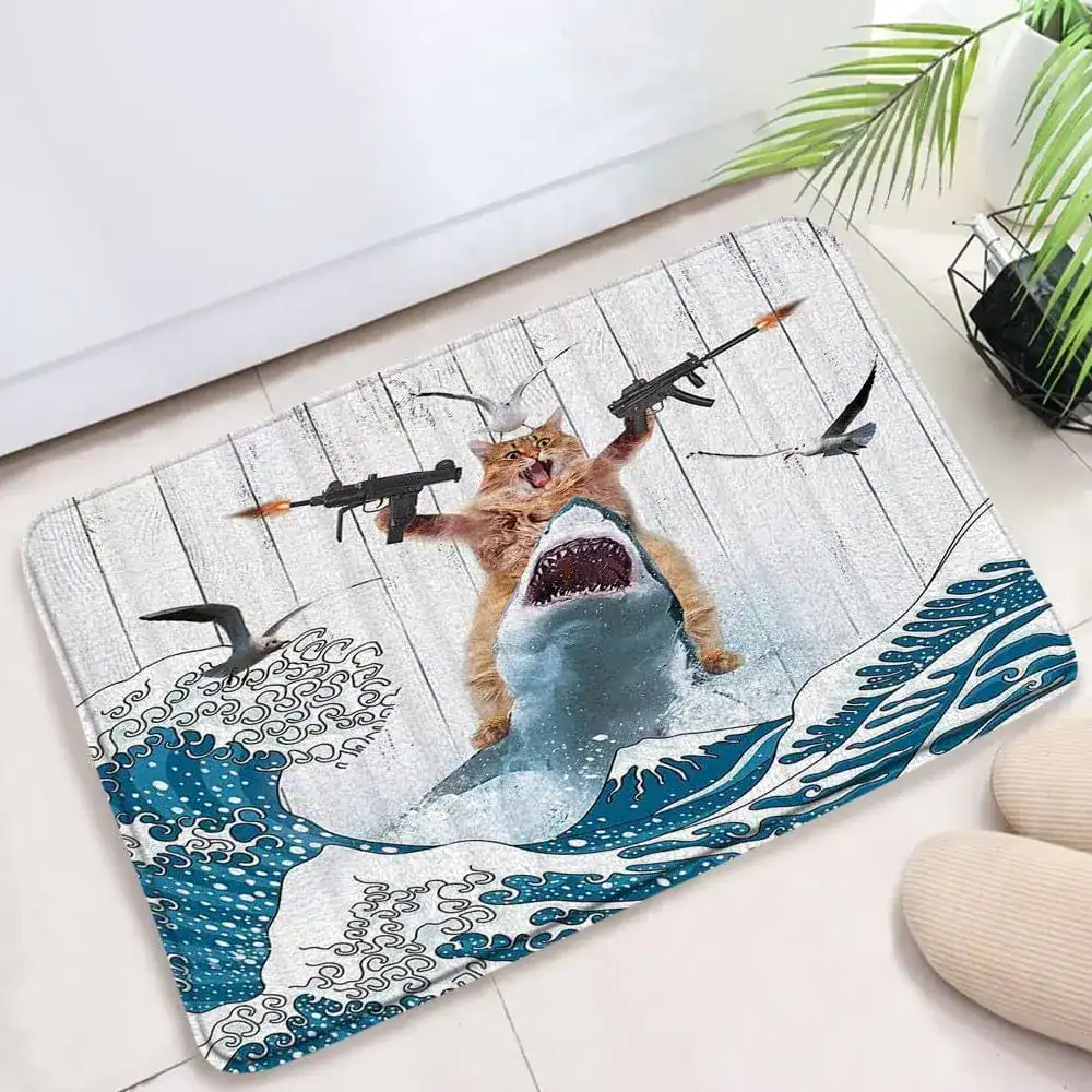 Lustige Badematte mit Katze und Hai im Stil von The Great Wave, ideal für Badezimmer Dekoration.