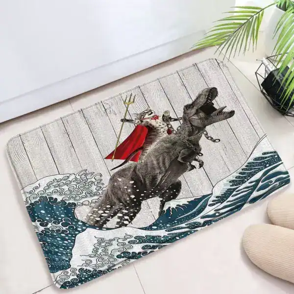 Lustige Badematte mit Dinosaurier und Meerwellenmotiv, ideal für humorvolle Badezimmer-Dekoration.