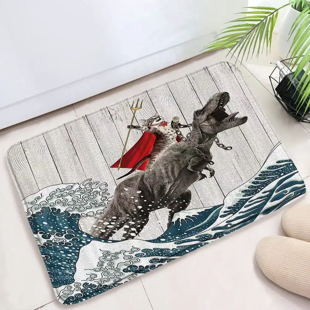 Lustige Badematte mit Dinosaurier und Meerwellenmotiv, ideal für humorvolle Badezimmer-Dekoration.