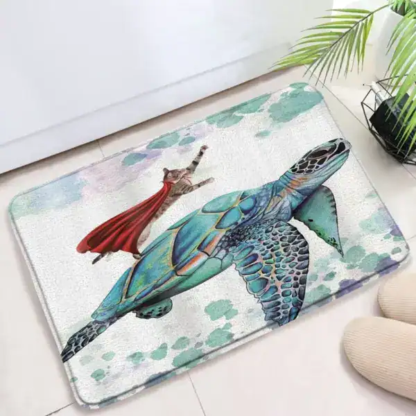 Lustige Badematte mit Superhelden-Katze auf Schildkröte, Komfort Badematte für Badezimmer.
