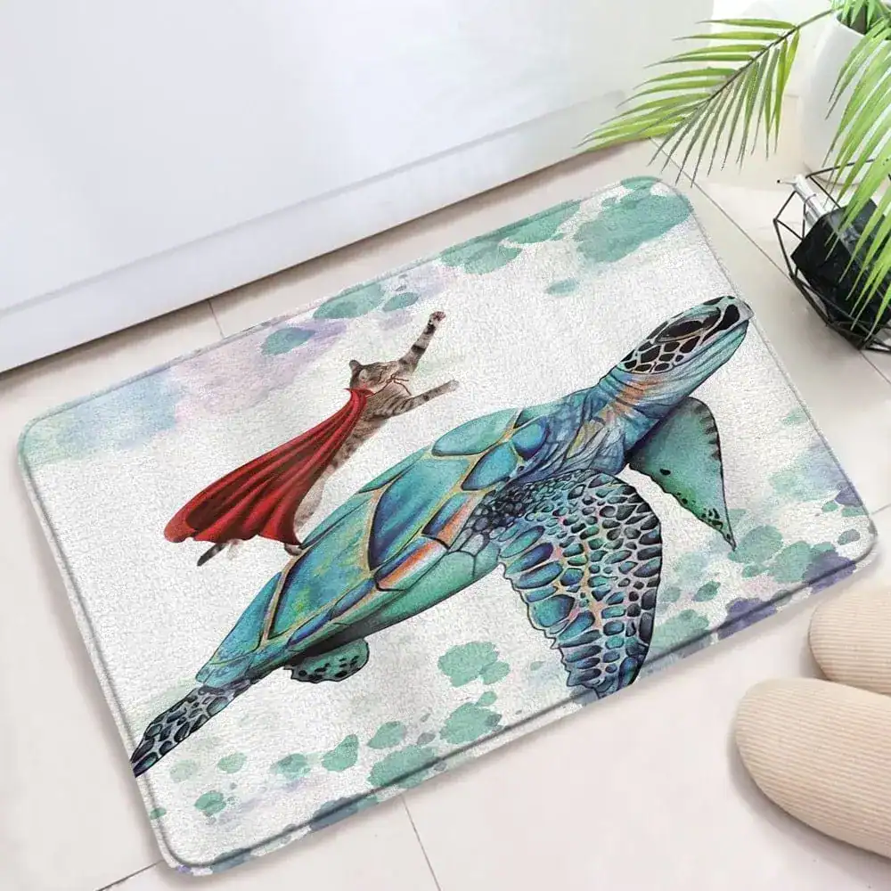 Lustige Badematte mit Superhelden-Katze auf Schildkröte, Komfort Badematte für Badezimmer.