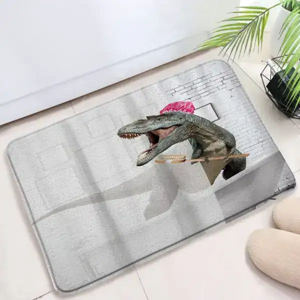 Lustige Badematte mit Dinosaurier-Motiv, ideal für humorvolle Badezimmer-Dekoration.