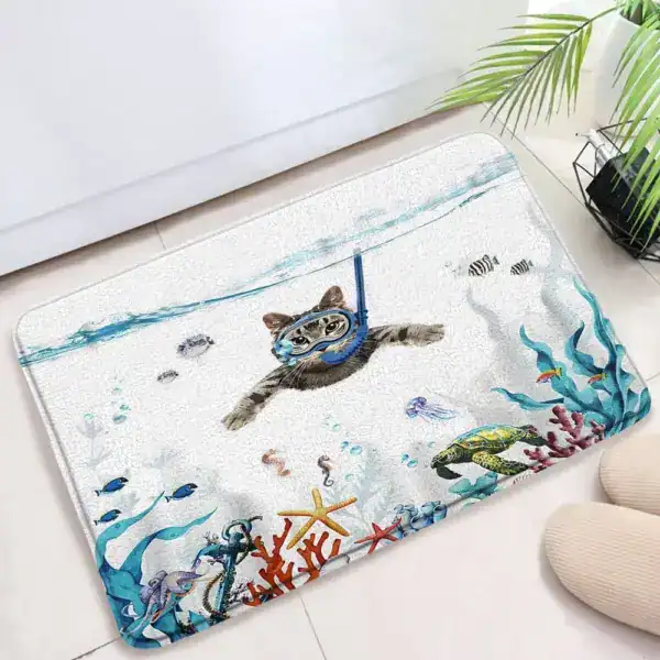 Lustige Badematte mit Tauchkatze und Korallenmotiv für Badezimmer.