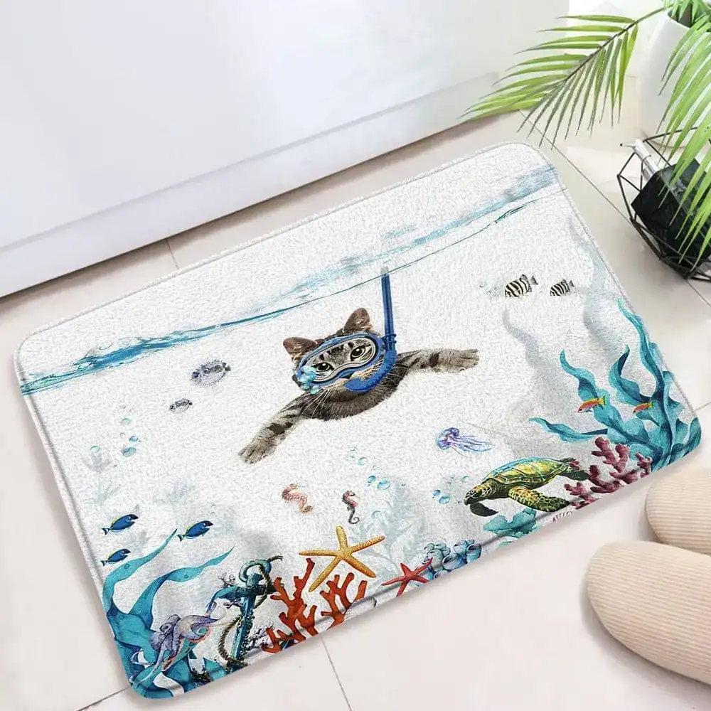 Lustige Badematte mit Tauchkatze und Korallenmotiv für Badezimmer.