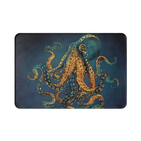 Badematte Meer mit goldfarbenem Oktopus auf dunkelblauem Hintergrund.