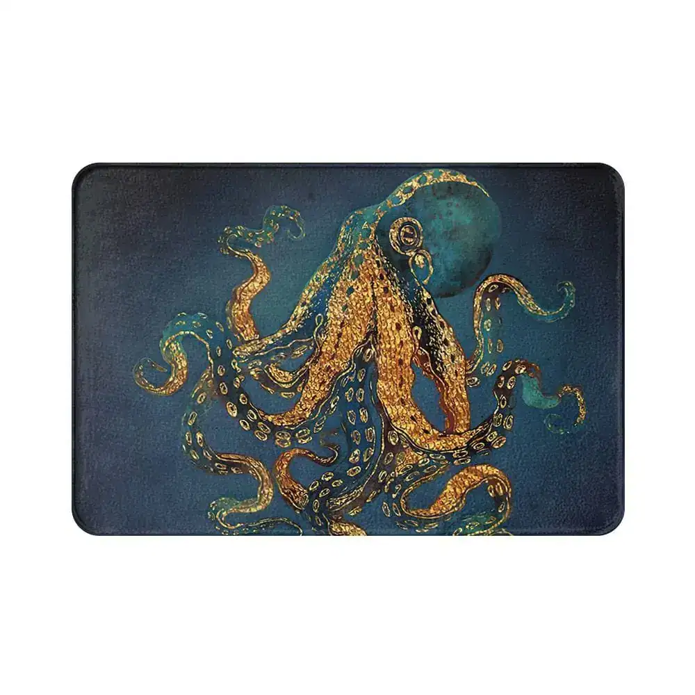 Badematte Meer mit goldfarbenem Oktopus auf dunkelblauem Hintergrund.