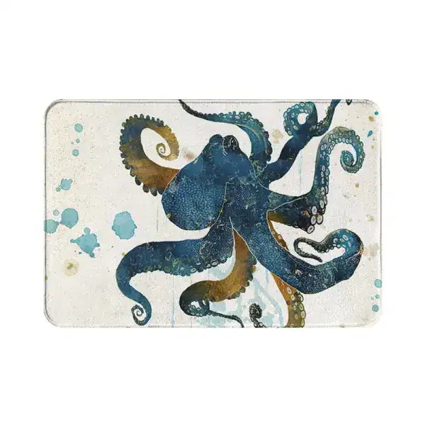 Badematte Meer mit stilisiertem Oktopus-Motiv in Blau- und Goldtönen.