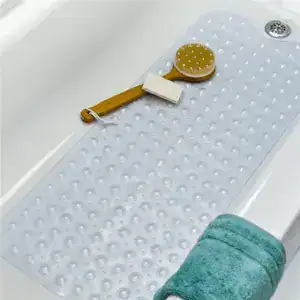Rutschfeste Badematte für Badewanne mit rutschfesten Punkten, transparent und mit Badeutensilien.