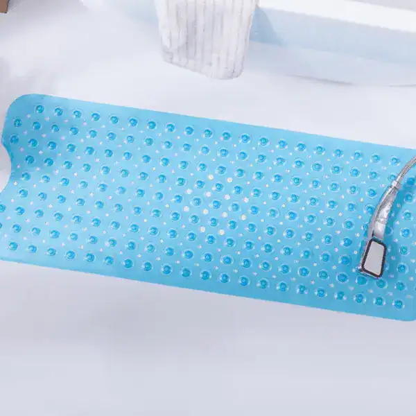 Rutschfeste Badematte Blau mit rutschfesten Punkten für sicheren Stand im Bad.