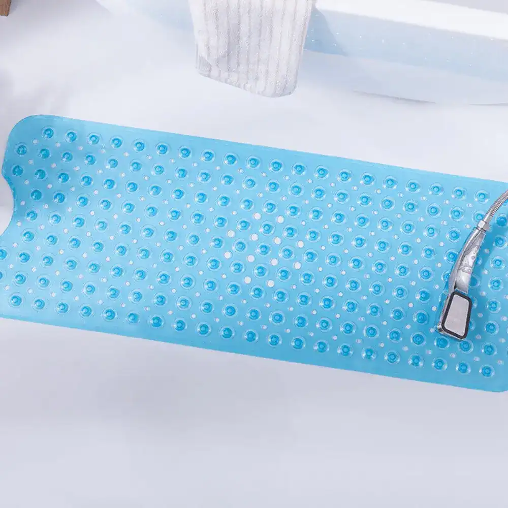 Rutschfeste Badematte Blau mit rutschfesten Punkten für sicheren Stand im Bad.