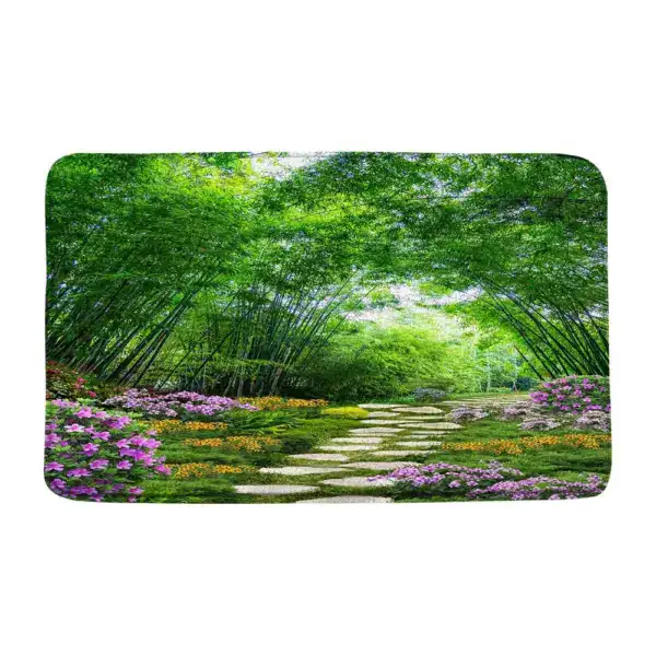 Badematte Wellness mit idyllischem Gartenmotiv, Bambus und Blumen.