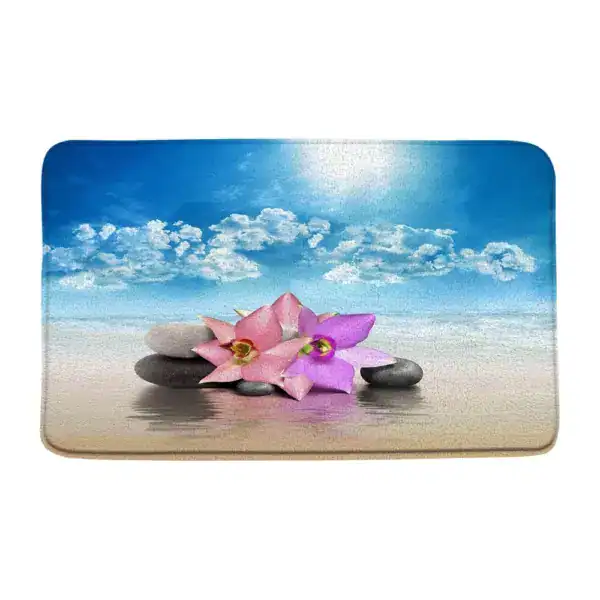 Wellness-Badematte mit Lotusblume und Steinen, Strandmotiv, Komfort Badematte.