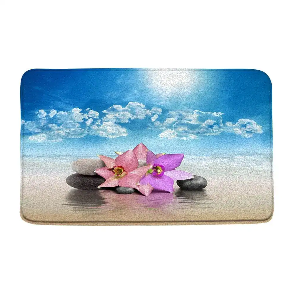 Wellness-Badematte mit Lotusblume und Steinen, Strandmotiv, Komfort Badematte.