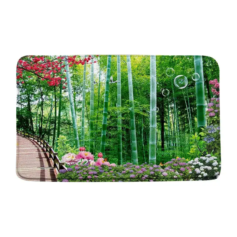Badematte Wellness mit Bambuswald-Motiv, Blumen und Luftblasen für entspanntes Bad.