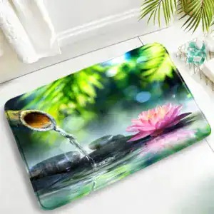 Badematte Zen mit Lotusblume und Wasserfallmotiv für entspanntes Badezimmer.