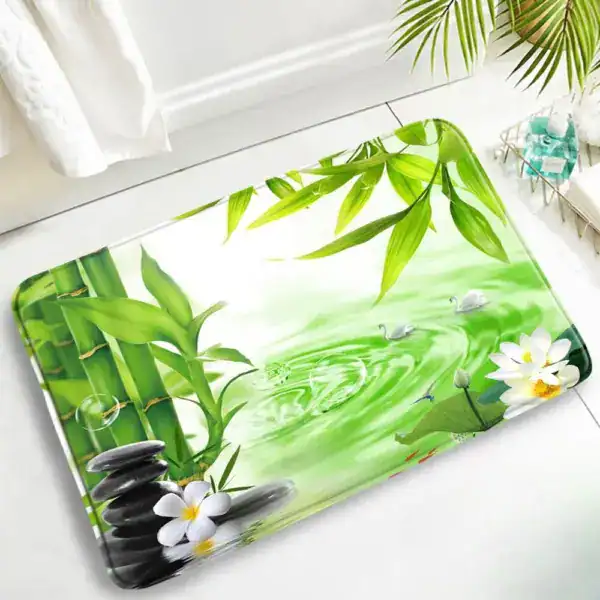 Zen-Badematte mit Bambus, Lotus und Schwänen, entspanntes Design fürs Badezimmer.