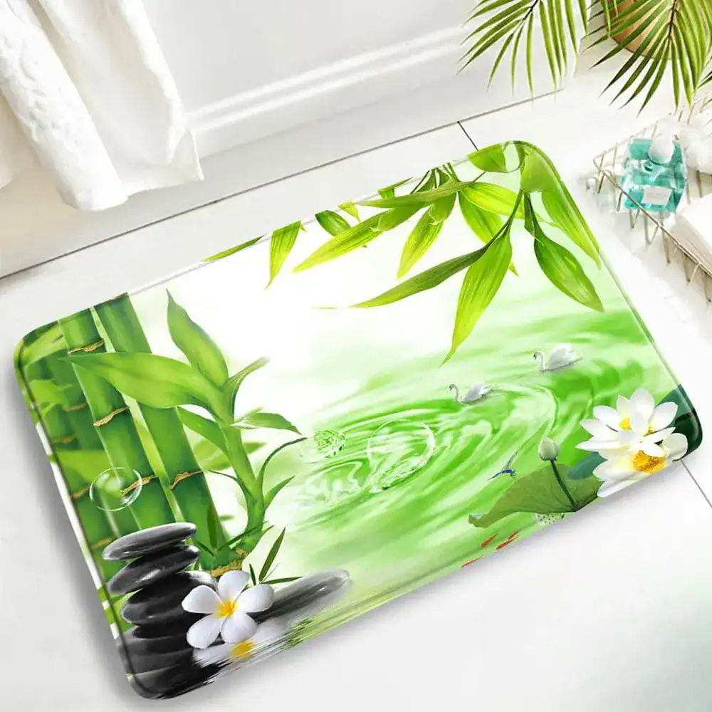 Zen-Badematte mit Bambus, Lotus und Schwänen, entspanntes Design fürs Badezimmer.