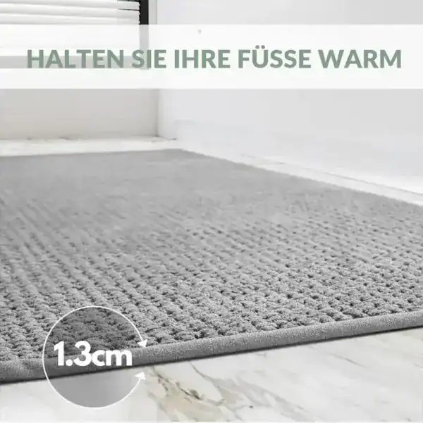 Komfort Badematte grau, 1,3 cm hoch, warme Fußbodenmatte für Badezimmer.