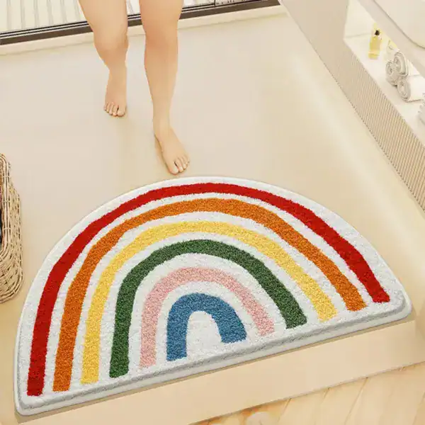 Badezimmer Matte Halbrund mit Regenbogenmuster, farbenfroh und rutschfest für Bad und Dusche.