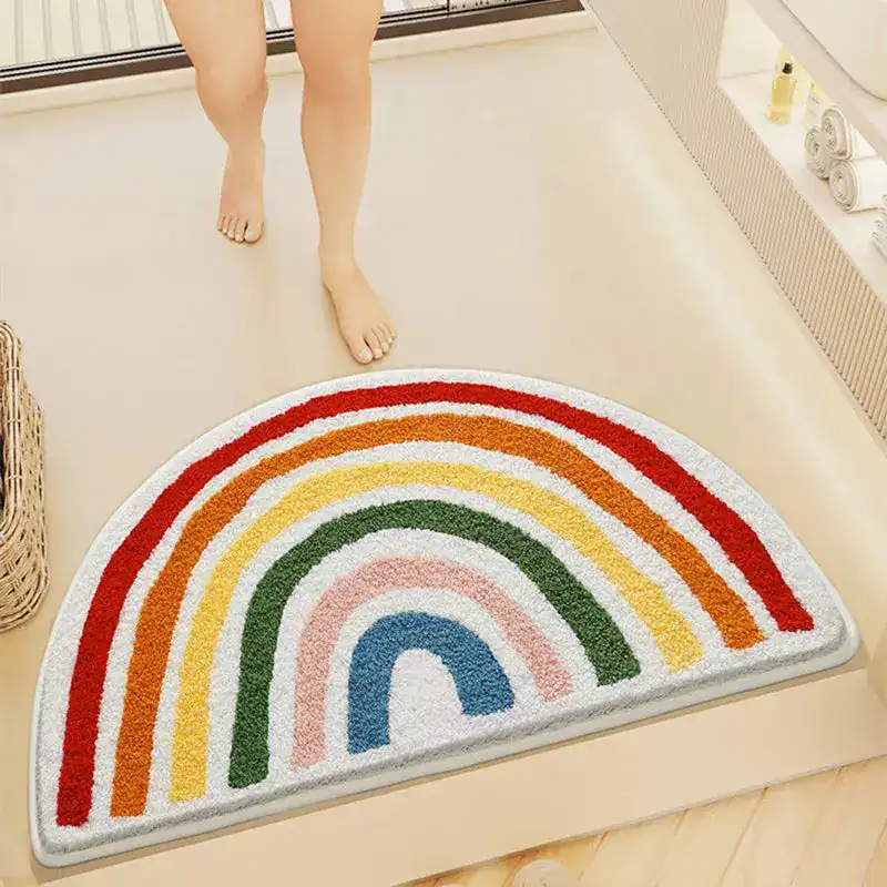 Badezimmer Matte Halbrund mit Regenbogenmuster, farbenfroh und rutschfest für Bad und Dusche.