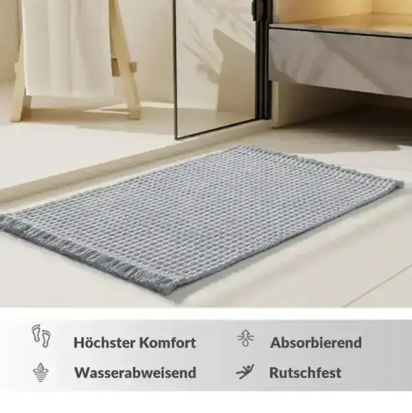 Komfort Badematte Boho in Grau mit Fransen, absorbierend und rutschfest für Badezimmer.
