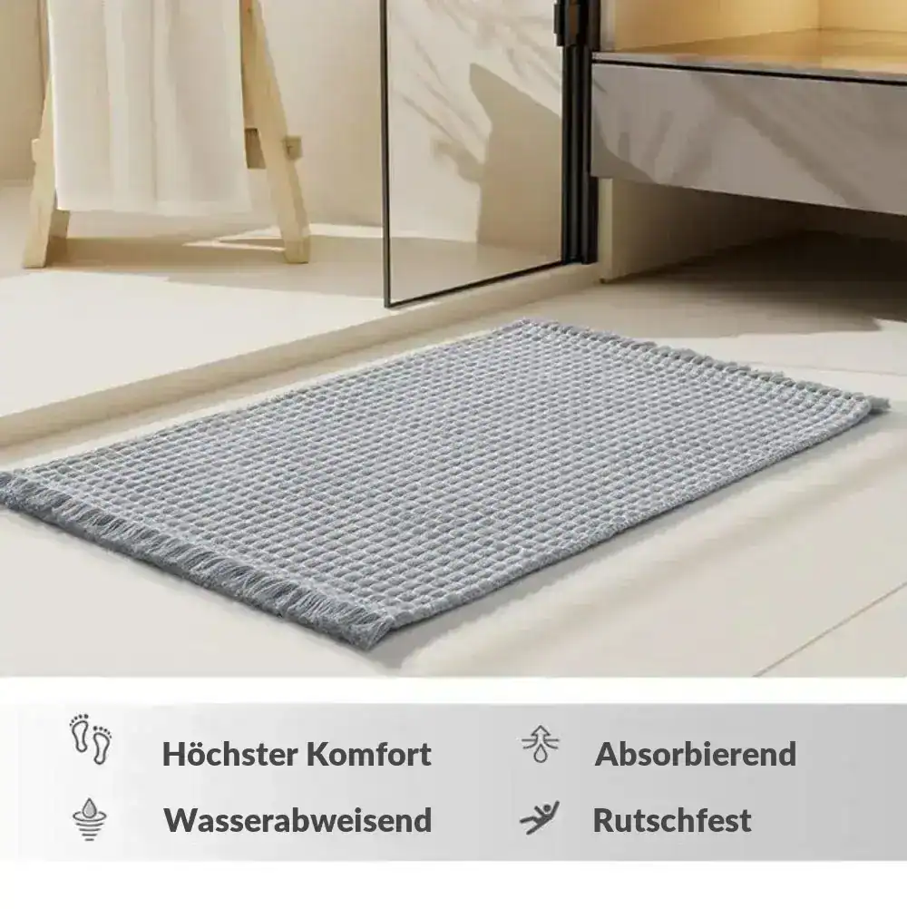 Komfort Badematte Boho in Grau mit Fransen, absorbierend und rutschfest für Badezimmer.