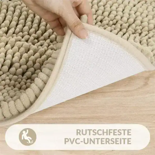 Dunkelblauer Badezimmerteppich mit PVC-Anti-Rutsch-Boden, Textur und Sicherheit.