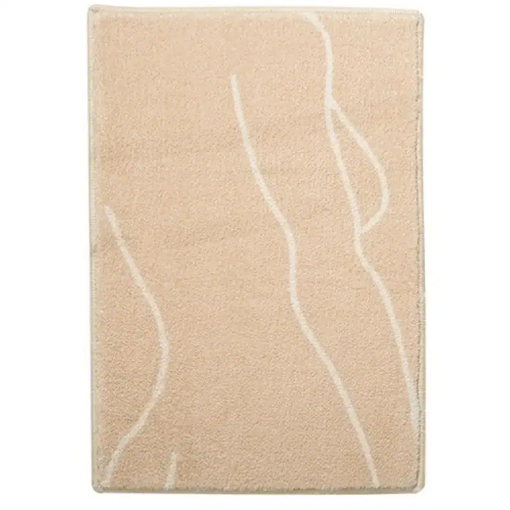 Badezimmerteppich Grafisch mit cremefarbenem Grund und weißen abstrakten Linienmuster.