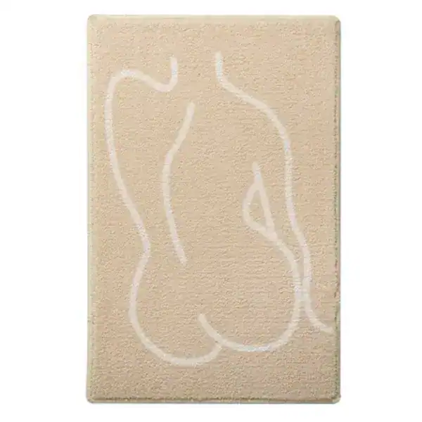 Badezimmerteppich Grafisch mit abstraktem weißen Muster auf cremefarbenem Untergrund.