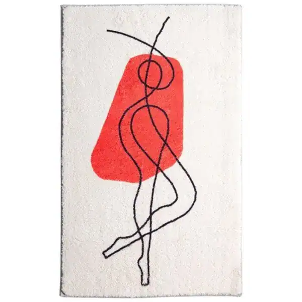 Grafisch gestalteter Badezimmerteppich mit rotem Abstraktmotiv und schwarzen Linien auf cremefarbenem Untergrund.