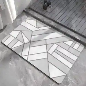 Grauer Badezimmerteppich mit geometrischem Muster, modernes Design für Bad und Dusche.