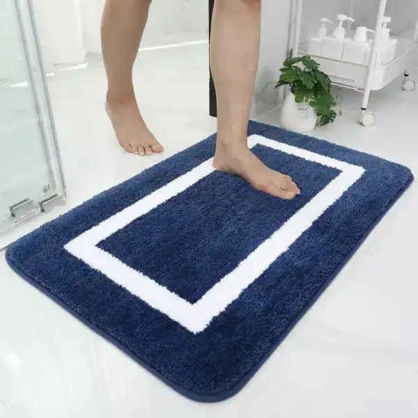 Badezimmerteppich Groß Waschbar blau-weiß, weicher Fleece-Teppich für Bad und Dusche.
